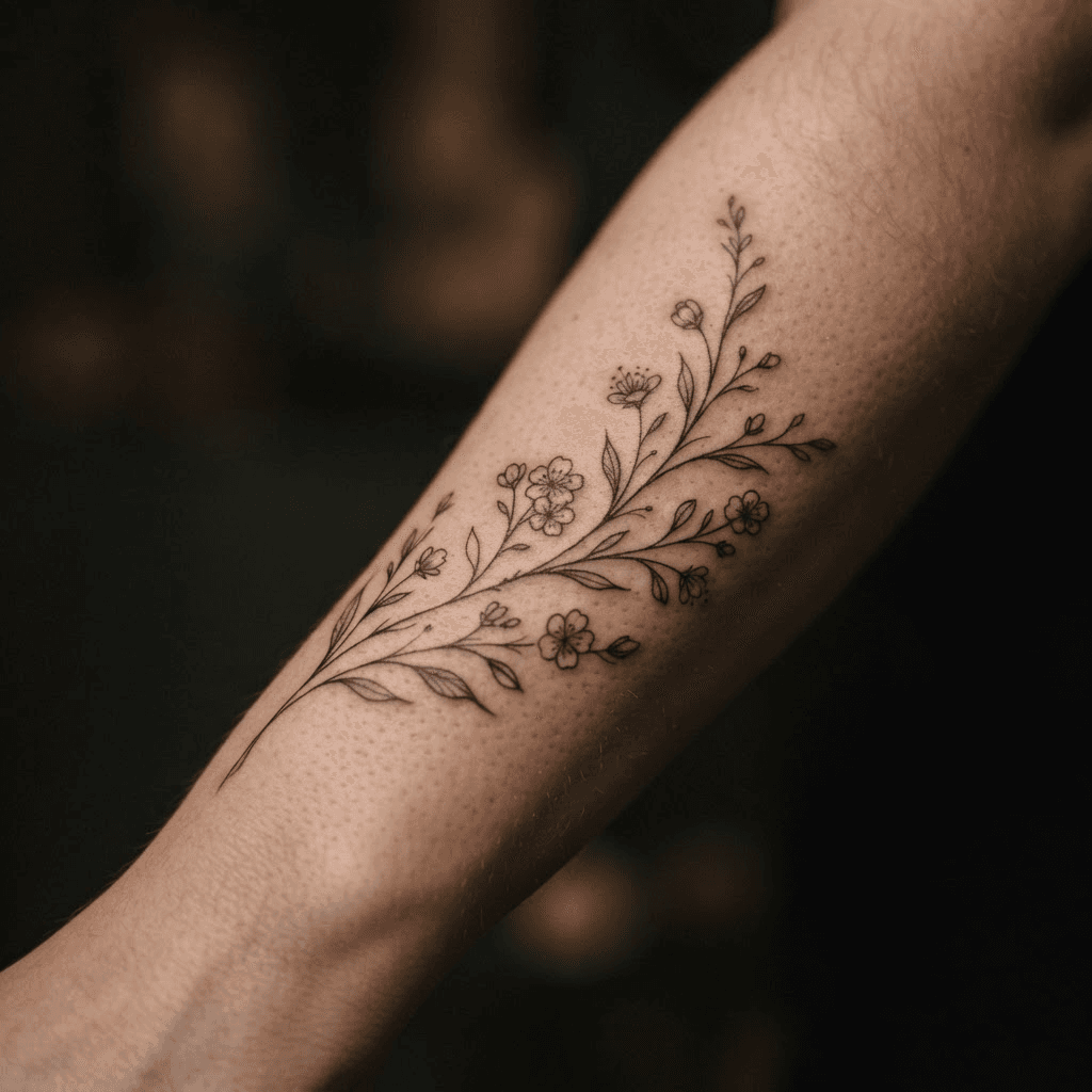 Fine-line botanical tattoo